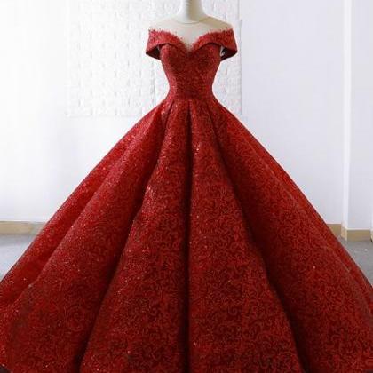 Red Lace Ball Gown See Through Neck Cap Sleeve..