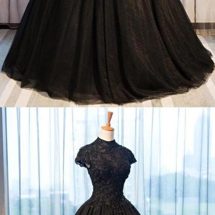Elegant Long Black Tulle Lace Long Prom Dress,a..