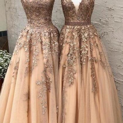 Gold Prom Dress Ball Gown Tulle Applique Prom..