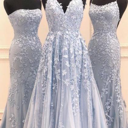Blue Long Prom Dresses, Pretty Lace Prom Dresses..