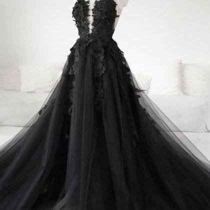 Black Lace Tulle Long Prom Gown Black Evening..