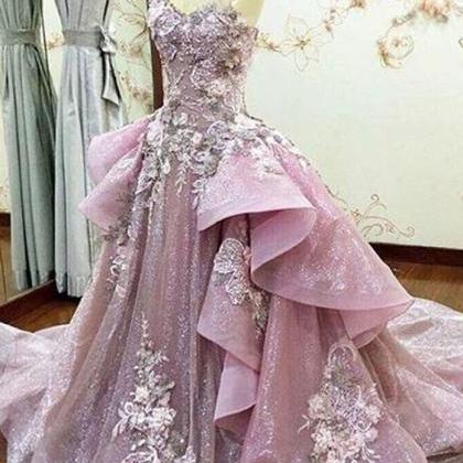 Dusty Pink 3d Flower Prom Dress Ruffles Embroidery..