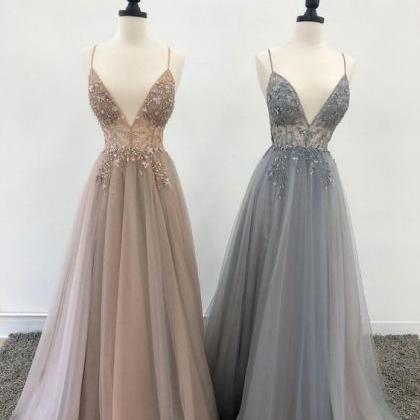 A Line V Neck Tulle Beads Long Prom Dress Evening..