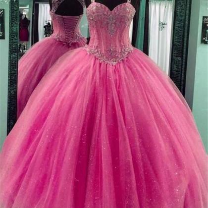 Ball Gown Pink Tulle Beaded Puffy Prom Dress With..