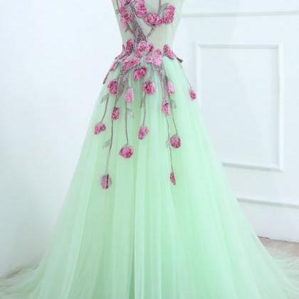 Light Green Tulle Long Embroidery Evening Dress,..