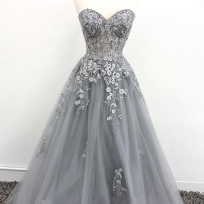 Gray Tulle Lace Long Prom Dress, Gray Evening..