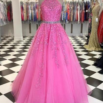 Halter Blush Pink Lace Applique Tulle Prom Dress..