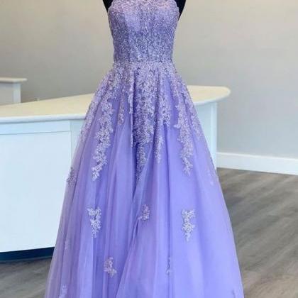 Purple Tulle Long O Neck Strapless Prom Dress,..