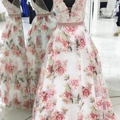 Prom Dress, Sleeveless Party Dress, Floral Print..