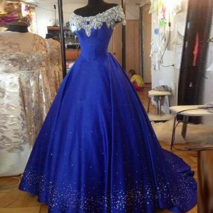 Unique Royal Blue Satin Beaded Evening Dress, A..