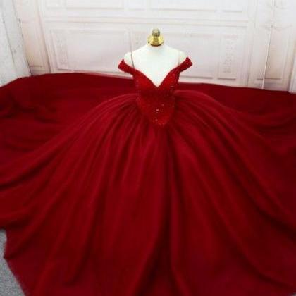 Red Gothic Beading Off-the-shoulder Ball Gown..