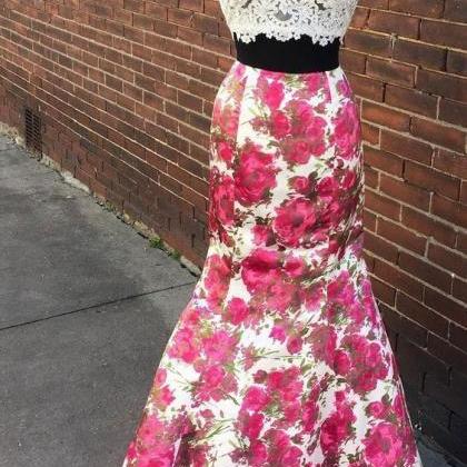 Two Piece Mermaid Print Floral Prom Dresses With..