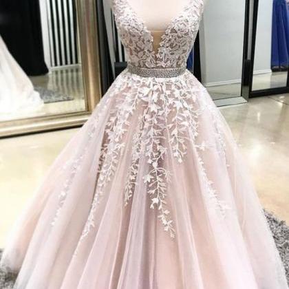 Blush Pink V Neck Open Back Long Beaded Formal Prom Dress With Applique ...