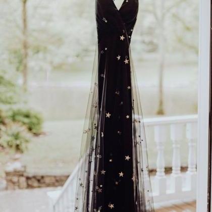 Black Tulle Gold Star Prom Dress. Fashion Prom..