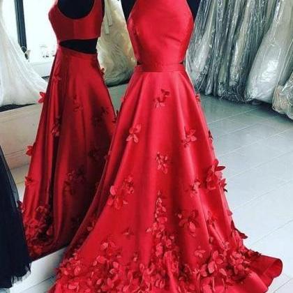 Unique Red Satin Long A Line Prom Dress, Red..