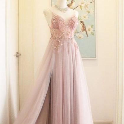 Tulle Pink Prom Dress With Slit Tulle Spaghetti..