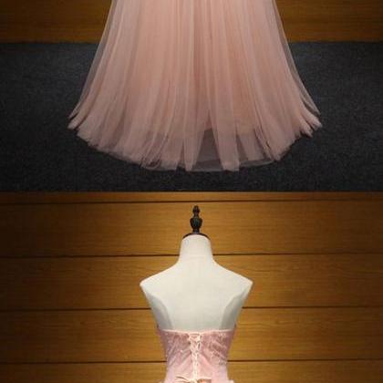 Fitted Peach Pink Long Formal Dress Tulle Beaded..