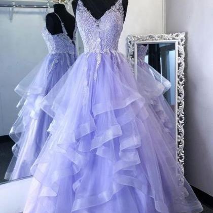 Purpler V Neck Tulle Lace Beads Long Prom Dress..