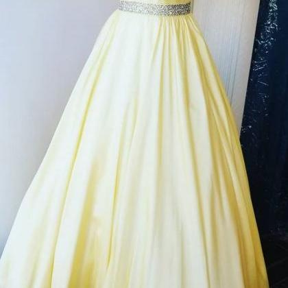 Elegant Yellow Long Prom Dress With Beading Sash,..