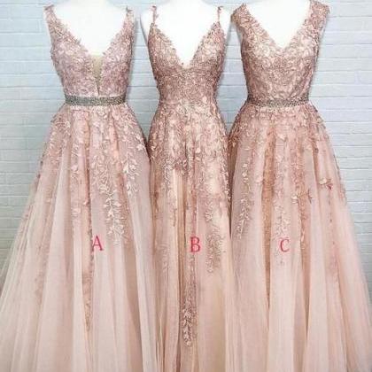 V Neck A-line Lace Beaded Evening Prom Dresses,..