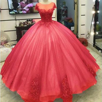 Ball Gown Princess Prom Dresses Lace Appliqued..