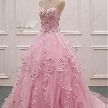 Pink Lace Sleeveless Sexy Bridal Evening Dress..