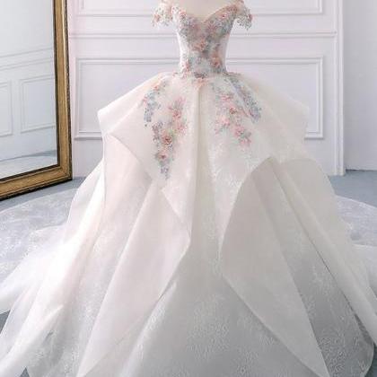 White Ball Gown Lace Off The Shoulder Flower..