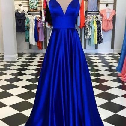 A Line V Neck Criss Cross Royal Blue Satin Prom Dress LBQ0275