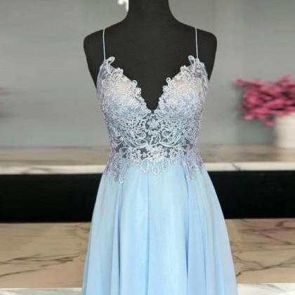 Blue Sweetheart Chiffon Lace Short Prom Dress Lace..