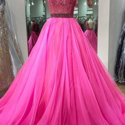 Pink Shimmery A-Line Tulle Evening Party Dress