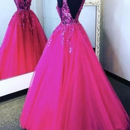 V Neck Pink Tulle Lace Prom Dresses, Backless Pink..