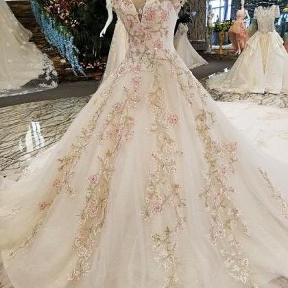 High Neckline Lace Flowers Wedding Gown Long Prom..