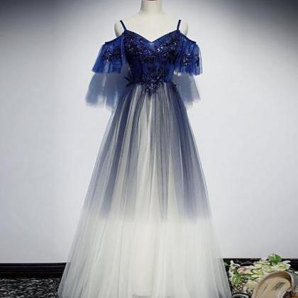 Cute Blue Tulle Lace Long Prom Dress Blue Tulle..
