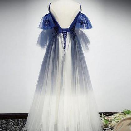 Cute Blue Tulle Lace Long Prom Dress Blue Tulle..