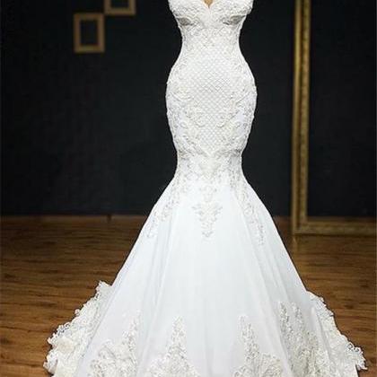 White Spaghetti Straps Mermaid Wedding Dresses..