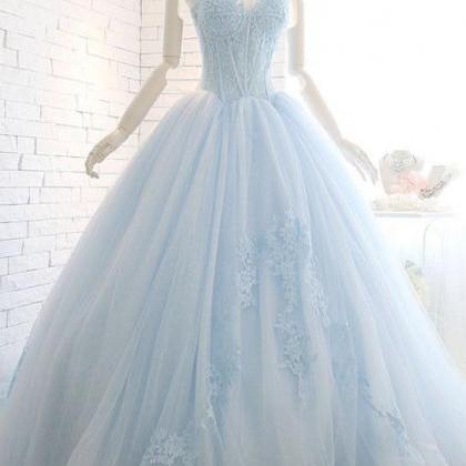 Powder Blue Ball Gown Lace Formal Evening Dress..