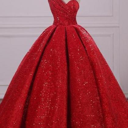Ball Gown One Shoulder Sequins Red Sweetheart Prom..