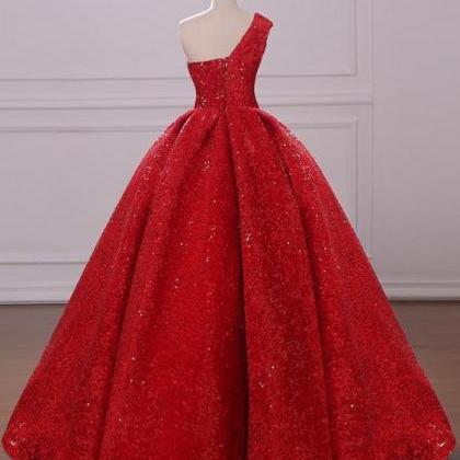 Ball Gown One Shoulder Sequins Red Sweetheart Prom..
