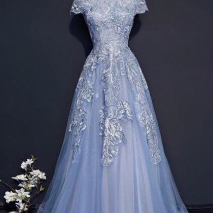 Blue Tulle High Collar Cap Sleeves Long Lace..