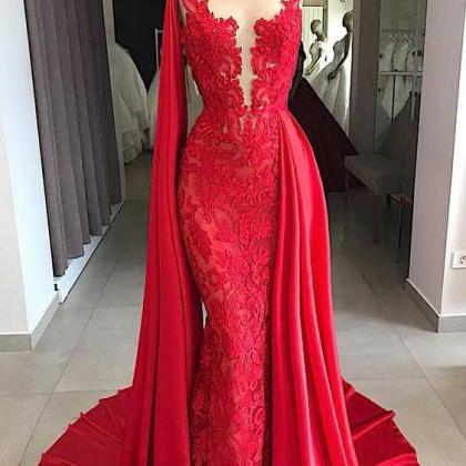 Elegant Evening Dresses Long Lace Red Evening Wear..