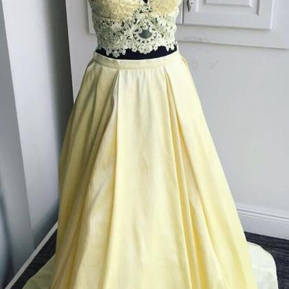 Two Piece Yellow Prom Dress With Lace Top M1002