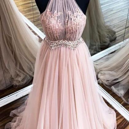 A-line Halter Long Blush Pink Prom Dress With..