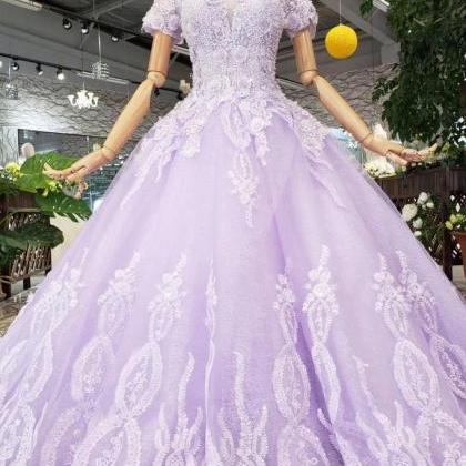 Lilac Ball Gown Short Sleeves Prom Dresses With..