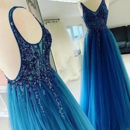 Open Back Long Prom Dress With Beading, Popular..