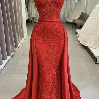 Red Lace Long Prom Dress Mermaid Evening Dress..