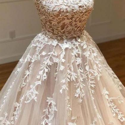 Ball Gown Tulle Scoop Appliqued Lace Long Prom..