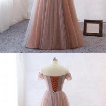 A Line Off the Shoulder Tulle Lace Up Prom Dresses with Appliques LBQ0752