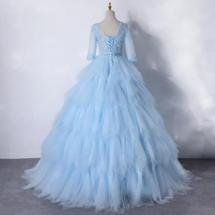 Light Blue Layers Tulle With Lace Princess Gown,..
