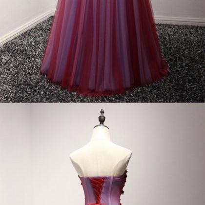 Long Red Strapless Prom Dress With Beaded Floral..