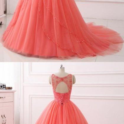 Coral Tulle Layered Long Quinceanera Dress, Beaded..